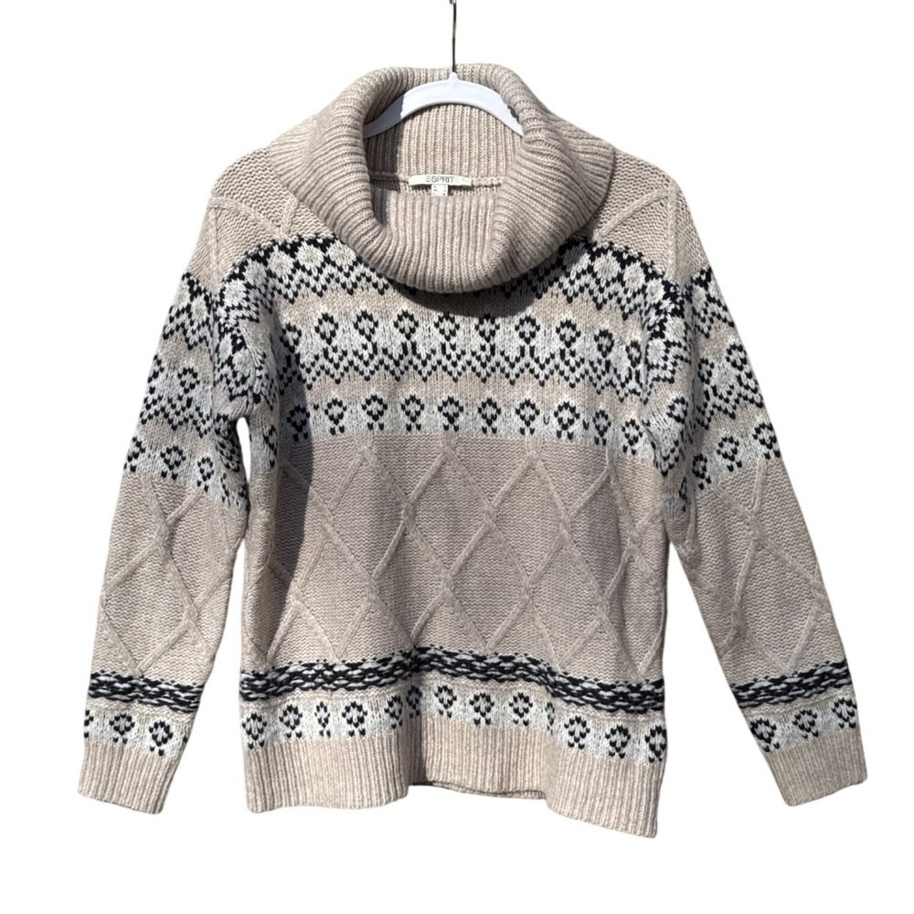 Esprit Womens Beige Nordic Pattern Grandpa‎ Knit Turtleneck Sweater S